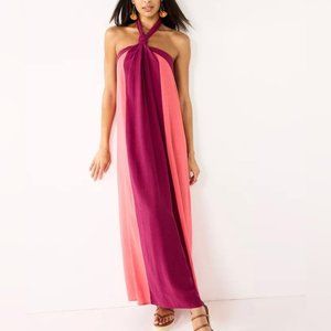 NWT Women's Nine West XXL Halter Neck Colorblock Maxi Dress - Vintage Red Combo